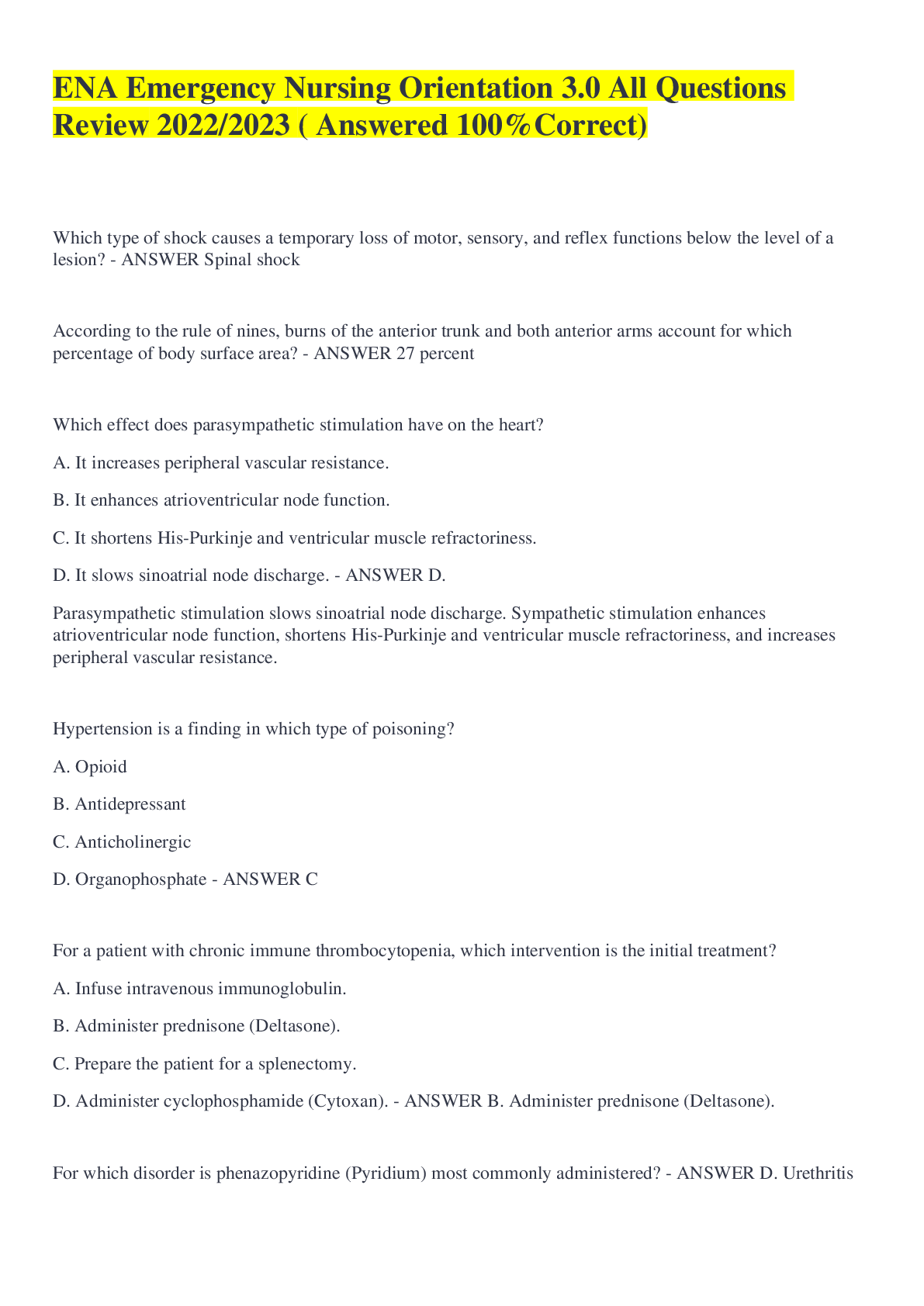 Preview image for ENA Emergency Nursing Orientation 3.0 All Questions Review 2022/2023 ( Answered 100%Correct)